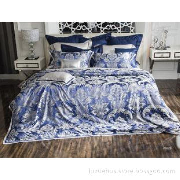 Blue Silk Jacquard Noble Luxury Bed Sets Exquisite For Busi